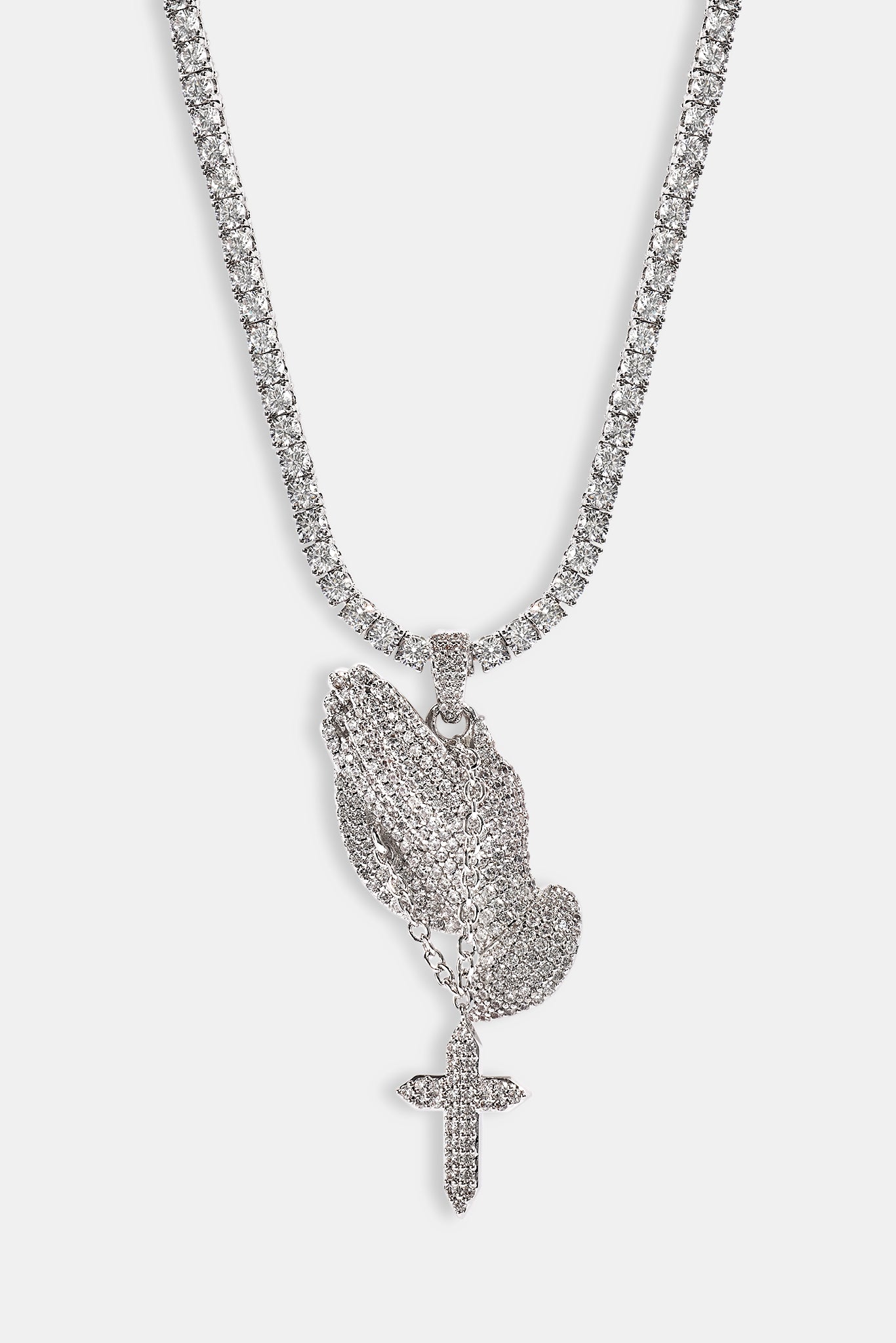 Iced Cross Praying Hands Pendant Tennis Necklace - 35mm - White